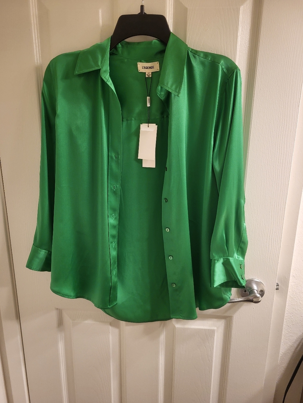 Women’s Green Satin Button-Up Blouse - Picture 9 of 9